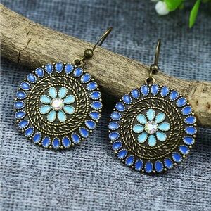 Bohemian Blue Floral Drop Earrings Vintage Inspired